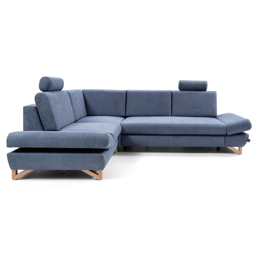 Conjunto de salón esquinero tapizado en forma de L plegable con espacio de almacenamiento AVESTA izquierda azul