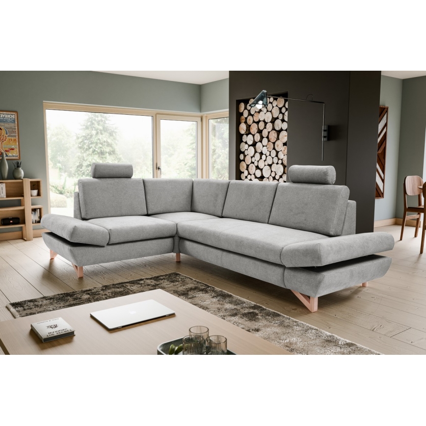 Conjunto de salón esquinero tapizado en forma de L plegable con espacio de almacenamiento AVESTA izquierda gris