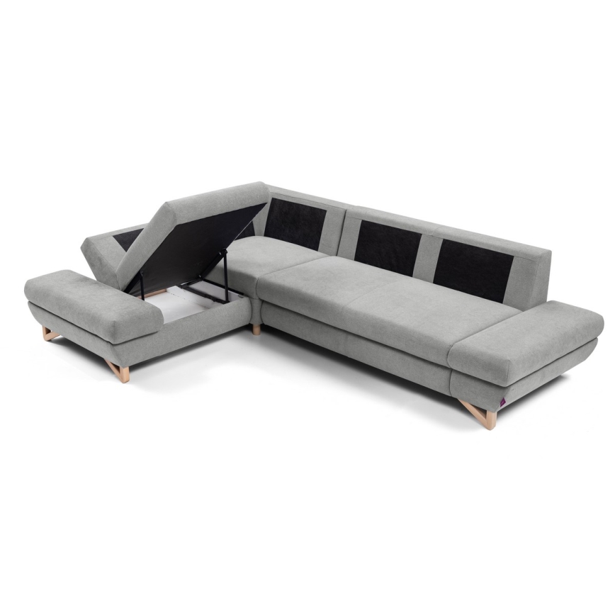 Conjunto de salón esquinero tapizado en forma de L plegable con espacio de almacenamiento AVESTA izquierda gris