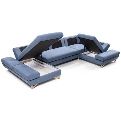 Conjunto de salón esquinero tapizado en forma de U plegable con espacio de almacenamiento AVESTA derecho azul
