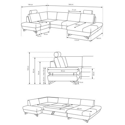 Conjunto de salón esquinero tapizado en forma de U plegable con espacio de almacenamiento AVESTA derecho azul