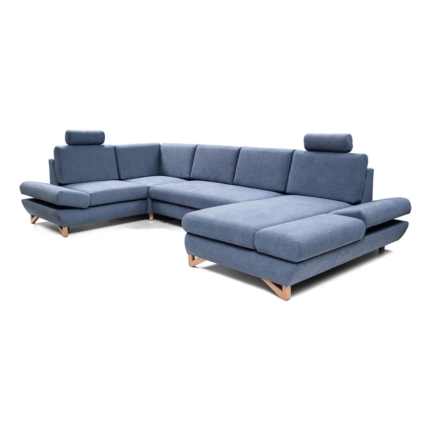 Conjunto de salón esquinero tapizado en forma de U plegable con espacio de almacenamiento AVESTA izquierda azul
