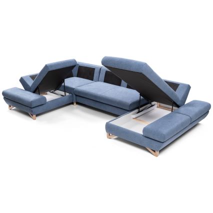 Conjunto de salón esquinero tapizado en forma de U plegable con espacio de almacenamiento AVESTA izquierda azul