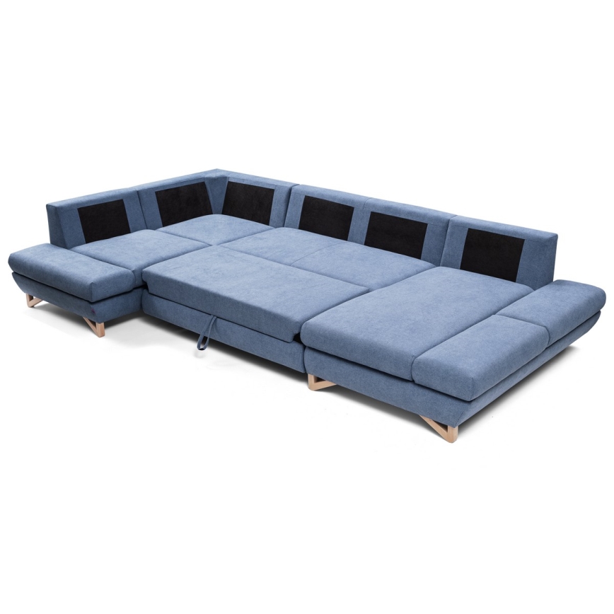 Conjunto de salón esquinero tapizado en forma de U plegable con espacio de almacenamiento AVESTA izquierda azul