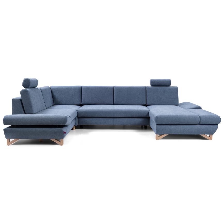 Conjunto de salón esquinero tapizado en forma de U plegable con espacio de almacenamiento AVESTA izquierda azul
