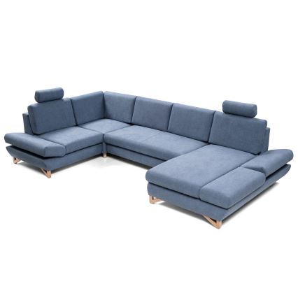 Conjunto de salón esquinero tapizado en forma de U plegable con espacio de almacenamiento AVESTA izquierda azul