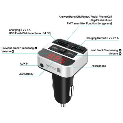 CONNECT IT CCC-8800-SL - Transmisor FM para coche con función manos libres negro/plata