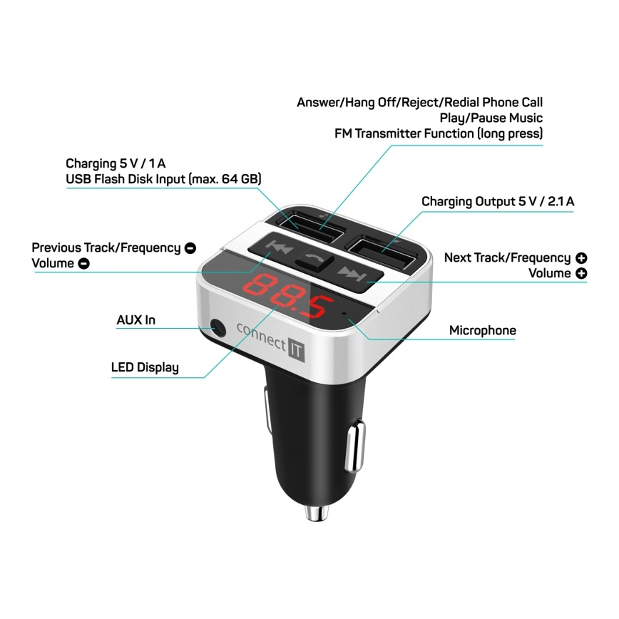 CONNECT IT CCC-8800-SL - Transmisor FM para coche con función manos libres negro/plata