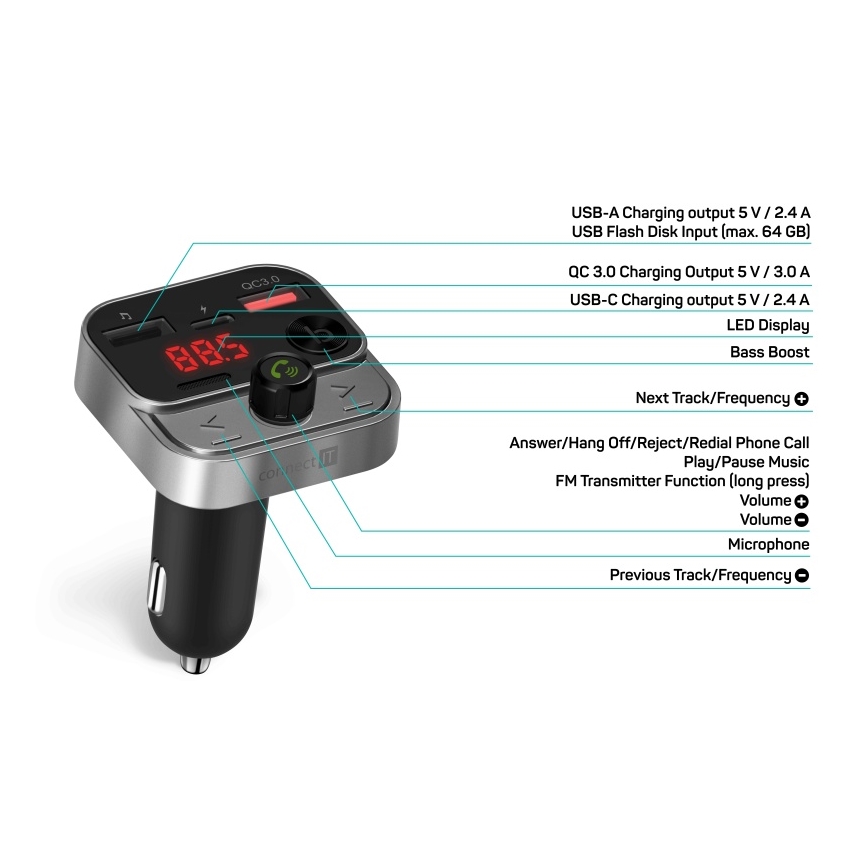 CONNECT IT CCC-8900-AN - Transmisor FM para coche con función manos libres negro/plata