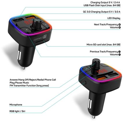 CONNECT IT CCC-9090-BK - LED RGB Transmisor FM para coche con función manos libres negro