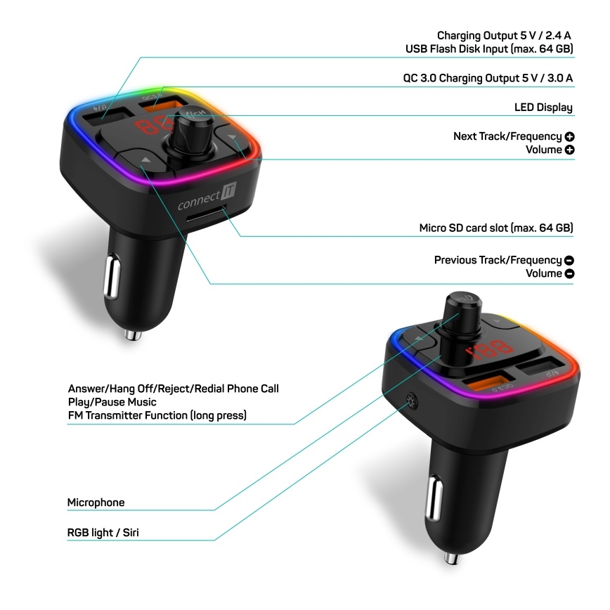 CONNECT IT CCC-9090-BK - LED RGB Transmisor FM para coche con función manos libres negro
