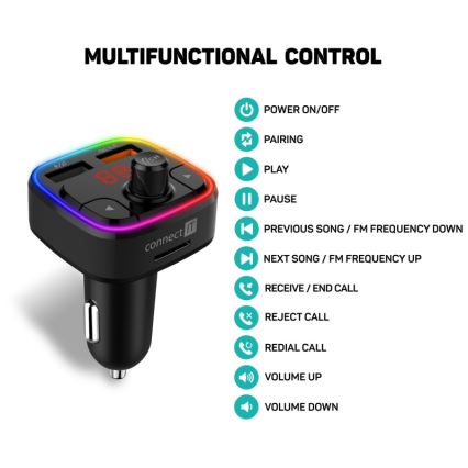 CONNECT IT CCC-9090-BK - LED RGB Transmisor FM para coche con función manos libres negro