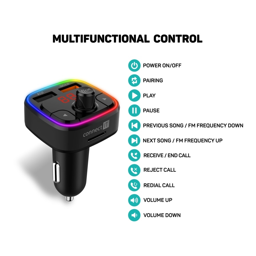 CONNECT IT CCC-9090-BK - LED RGB Transmisor FM para coche con función manos libres negro