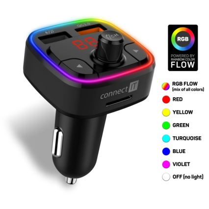 CONNECT IT CCC-9090-BK - LED RGB Transmisor FM para coche con función manos libres negro