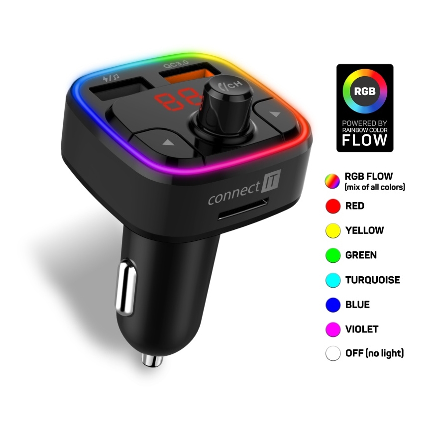 CONNECT IT CCC-9090-BK - LED RGB Transmisor FM para coche con función manos libres negro