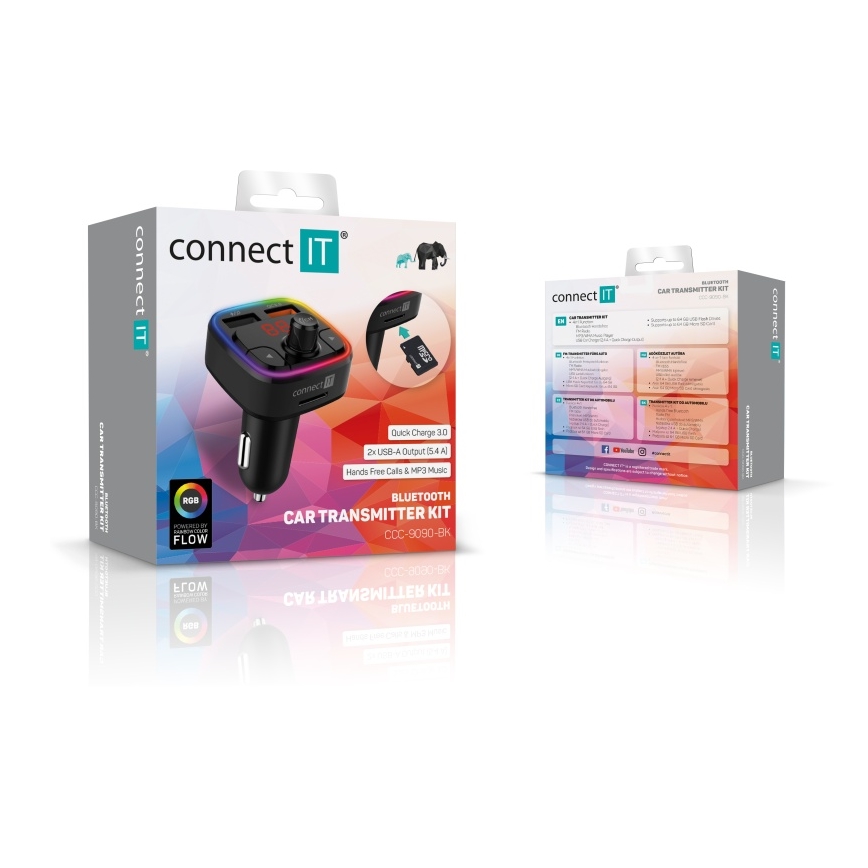 CONNECT IT CCC-9090-BK - LED RGB Transmisor FM para coche con función manos libres negro