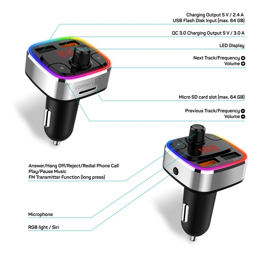 CONNECT IT CCC-9090-SL - LED RGB Transmisor FM para coche con función manos libres negro/plata