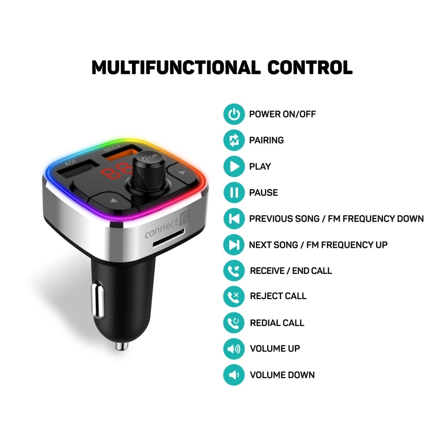 CONNECT IT CCC-9090-SL - LED RGB Transmisor FM para coche con función manos libres negro/plata