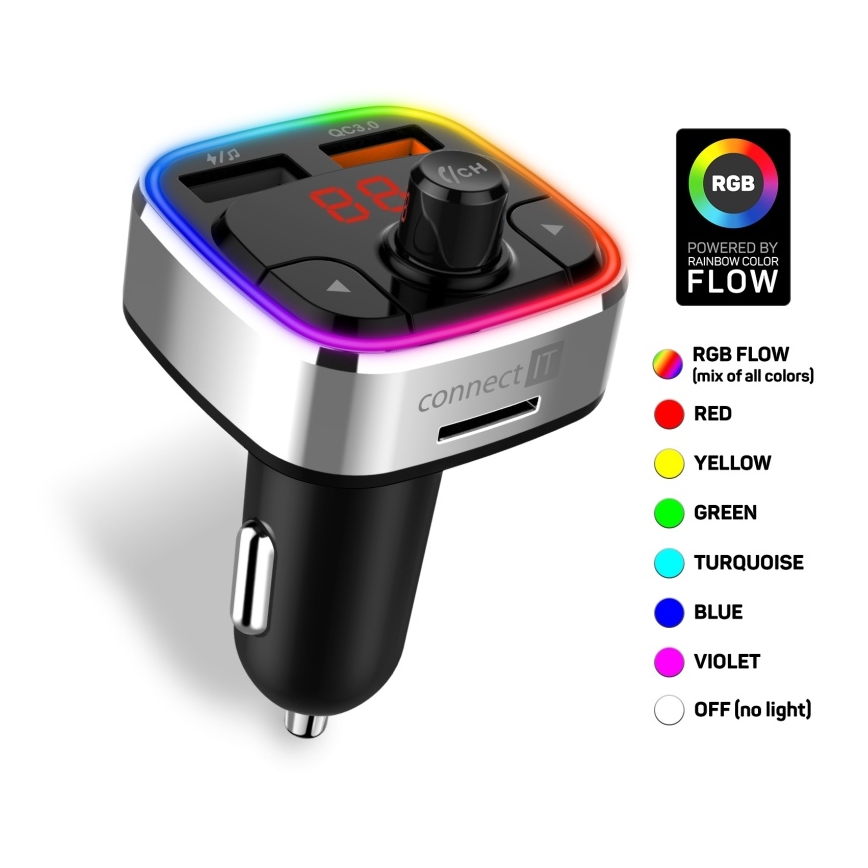 CONNECT IT CCC-9090-SL - LED RGB Transmisor FM para coche con función manos libres negro/plata