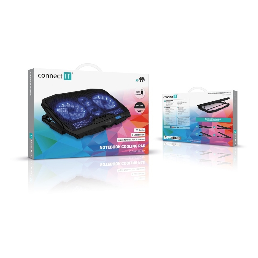 CONNECT IT CCP-2200-BK - Almohadilla de refrigeración para portátil 4x Ventilador 2xUSB negro//azul