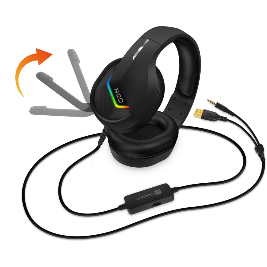 CONNECT IT CHP-3595-BK - LED RGB Auriculares gaming con cable con un micrófono negro