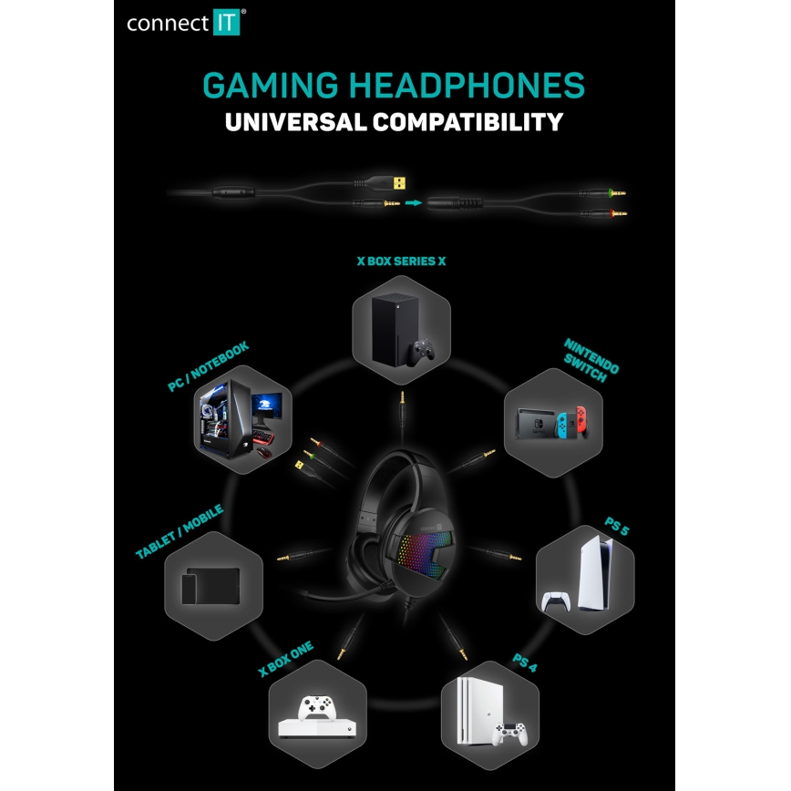 CONNECT IT CHP-3595-BK - LED RGB Auriculares gaming con cable con un micrófono negro