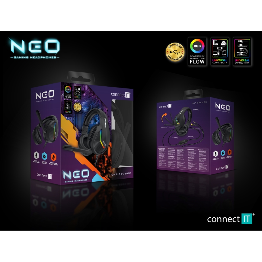 CONNECT IT CHP-3595-BK - LED RGB Auriculares gaming con cable con un micrófono negro