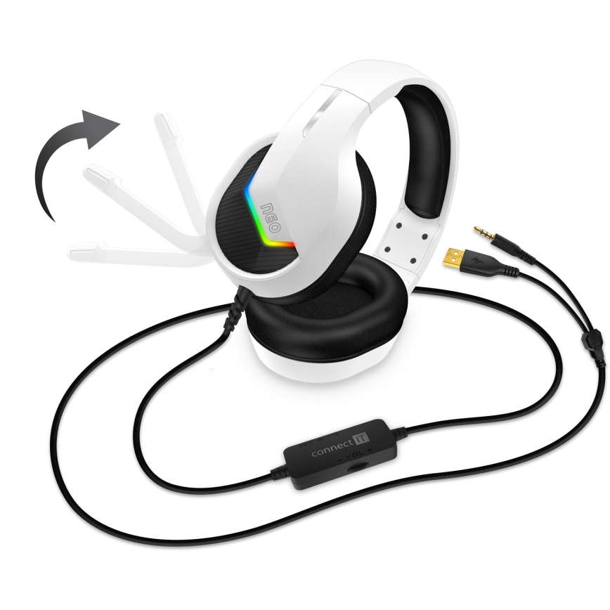 CONNECT IT CHP-3595-WH - LED RGB Auriculares gaming con cable con un micrófono blanco/negro