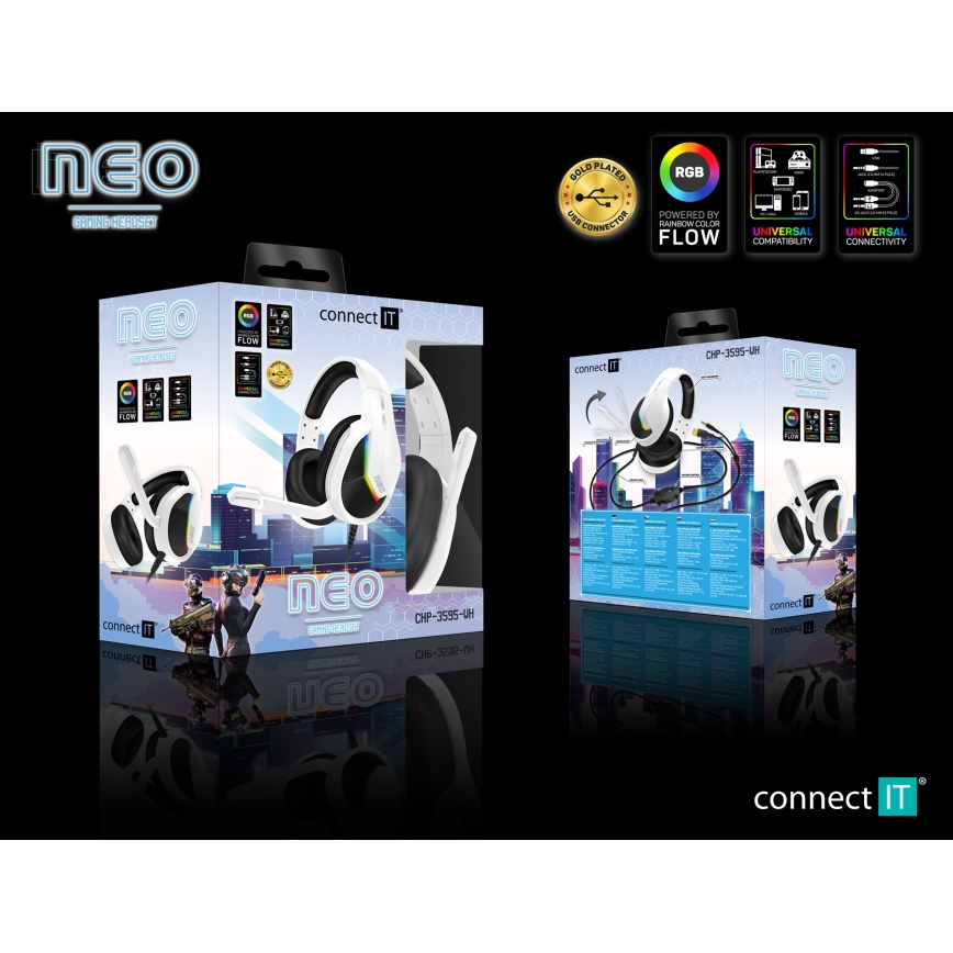 CONNECT IT CHP-3595-WH - LED RGB Auriculares gaming con cable con un micrófono blanco/negro