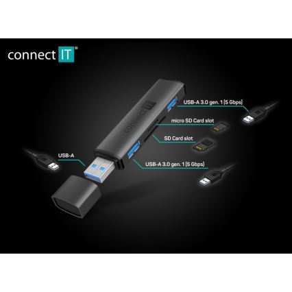 CONNECT IT CHU-4060-AN - Hub USB-A con lector de tarjetas de memoria 4en1