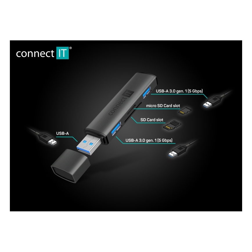CONNECT IT CHU-4060-AN - Hub USB-A con lector de tarjetas de memoria 4en1