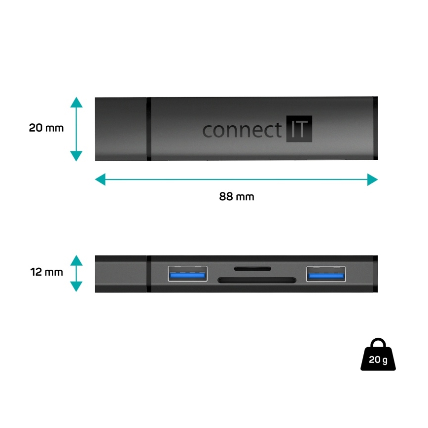 CONNECT IT CHU-4060-AN - Hub USB-A con lector de tarjetas de memoria 4en1