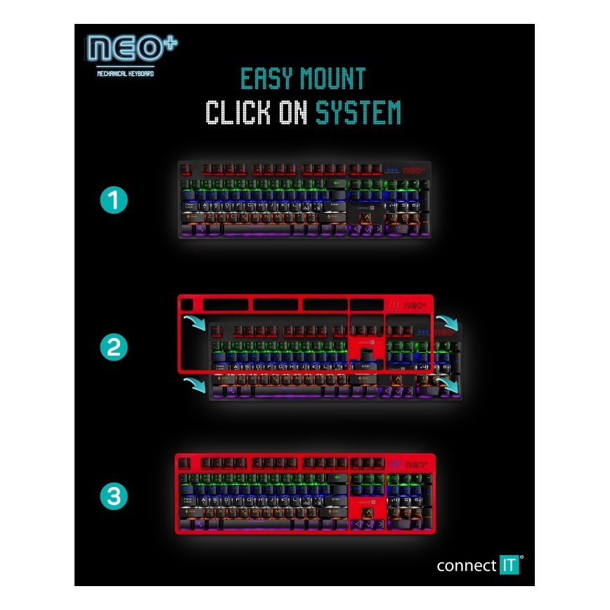 CONNECT IT CKB-3591-CS - Teclado gaming con cable LED RGB con localización checo/eslovaco marco negro y rojo