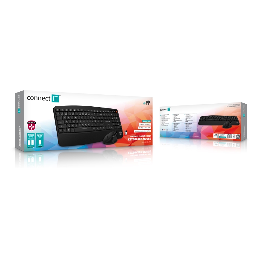 CONNECT IT CKM-6010-CS - Teclado inalámbrico ergonómico y ratón 800/1200/1600/2400 DPI con localización para checo/eslovaco 1xAA + 2xAAA negro