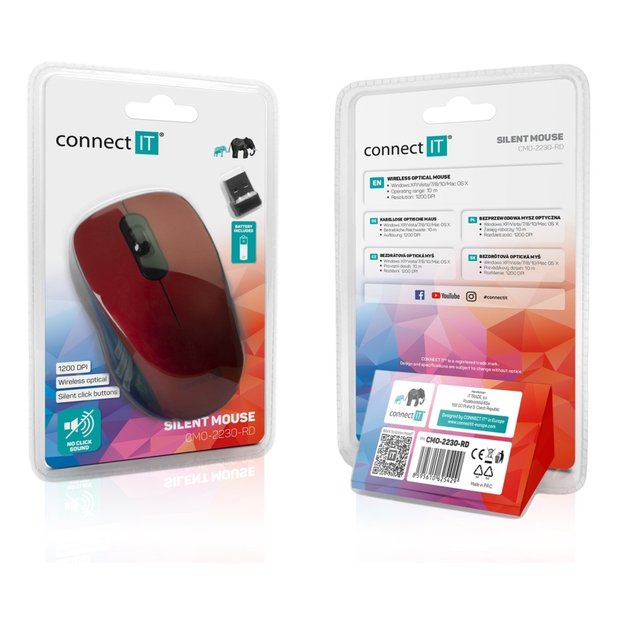CONNECT IT CMO-2230-RD - Ratón inalámbrico silencioso MUTE 1200 DPI 1xAA negro/rojo