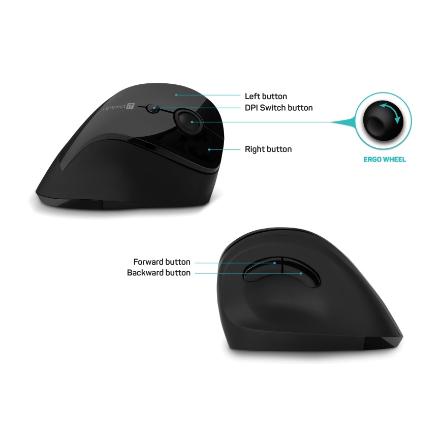 CONNECT IT CMO-2700-BK - Ratón ergonómico inalámbrico 800/1200/1600 DPI 1xAA negro