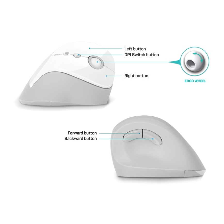 CONNECT IT CMO-2700-WH - Ratón ergonómico inalámbrico 800/1200/1600 DPI 1xAA blanco