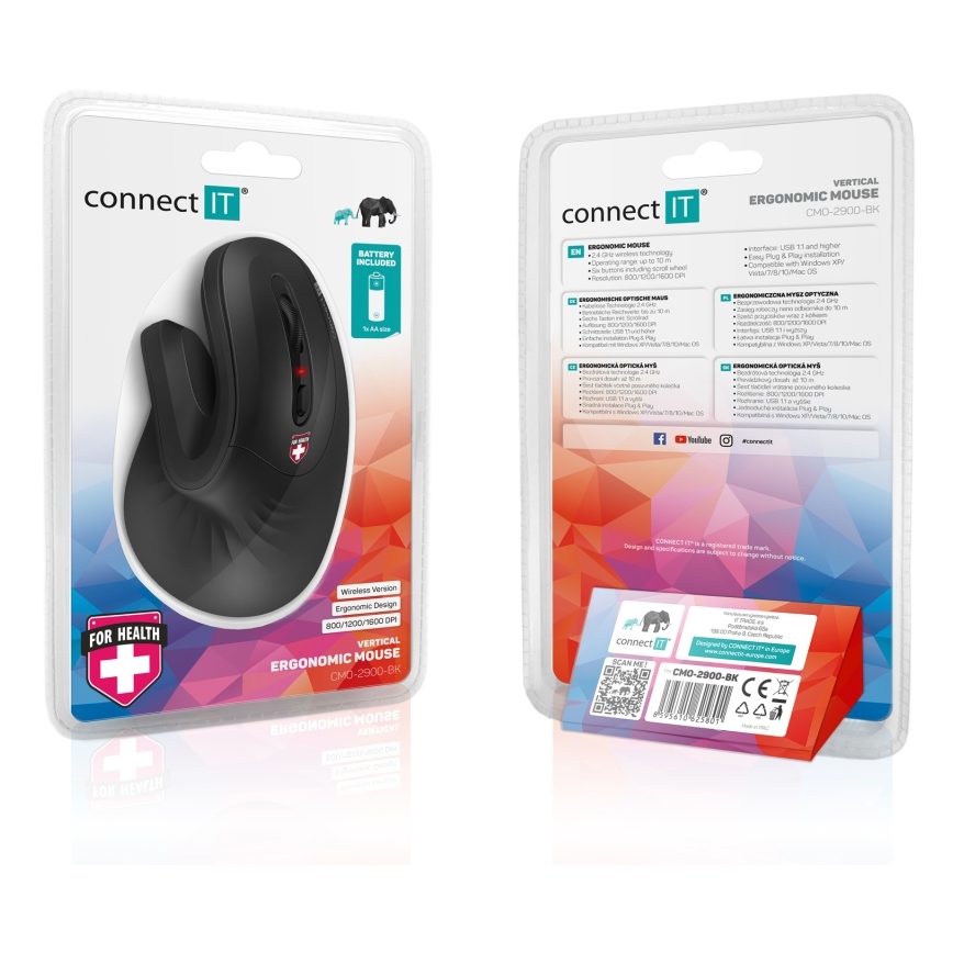 CONNECT IT CMO-2900-BK - Ratón ergonómico inalámbrico 800/1200/1600 DPI 1xAA negro