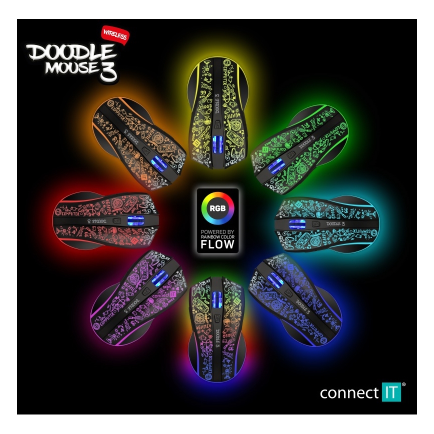 CONNECT IT CMO-3530-DD - LED RGB Ratón gaming inalámbrico recargable 800/1200/1600/2400/4800 DPI 600 mAh negro