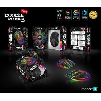 CONNECT IT CMO-3530-DD - LED RGB Ratón gaming inalámbrico recargable 800/1200/1600/2400/4800 DPI 600 mAh negro