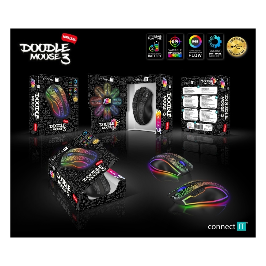 CONNECT IT CMO-3530-DD - LED RGB Ratón gaming inalámbrico recargable 800/1200/1600/2400/4800 DPI 600 mAh negro
