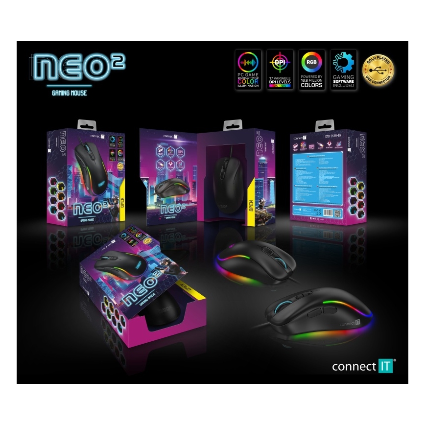 CONNECT IT CMO-3589-BK - LED RGB Ratón gaming con cable 200-7200 DPI negro