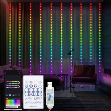 Cortina de Navidad LED RGB regulable WIZARD 300xLED/USB 3x3m + control remoto