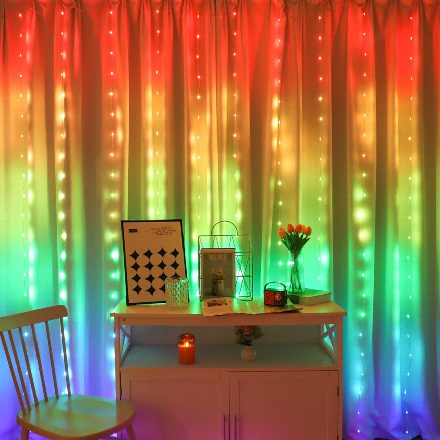 Cortina de Navidad LED RGB regulable WIZARD 300xLED/USB 3x3m + control remoto