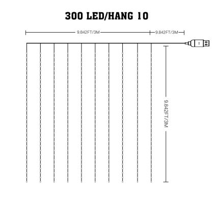 Cortina de Navidad LED RGB regulable WIZARD 300xLED/USB 3x3m + control remoto
