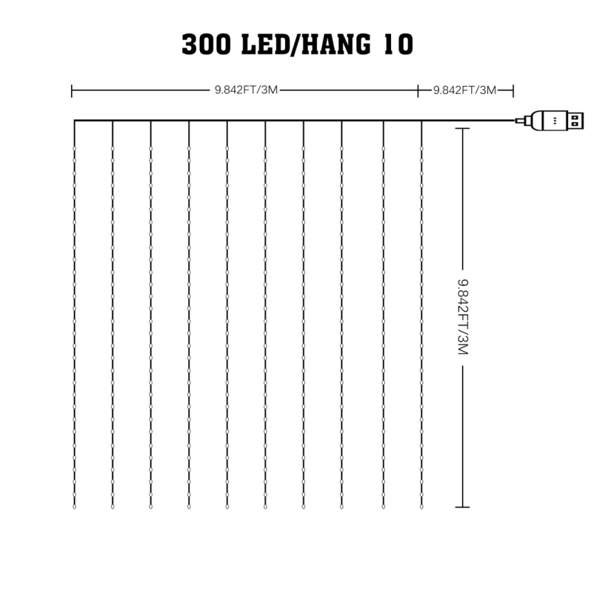 Cortina de Navidad LED RGB regulable WIZARD 300xLED/USB 3x3m + control remoto
