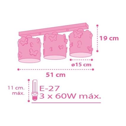 Dalber D-62143 - Plafón infantil BUTTERFLY 3xE27/60W/230V