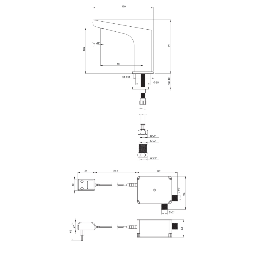 Deante BQH_N28V - Grifo de lavabo sin contacto HIACYNT 230/6V negro