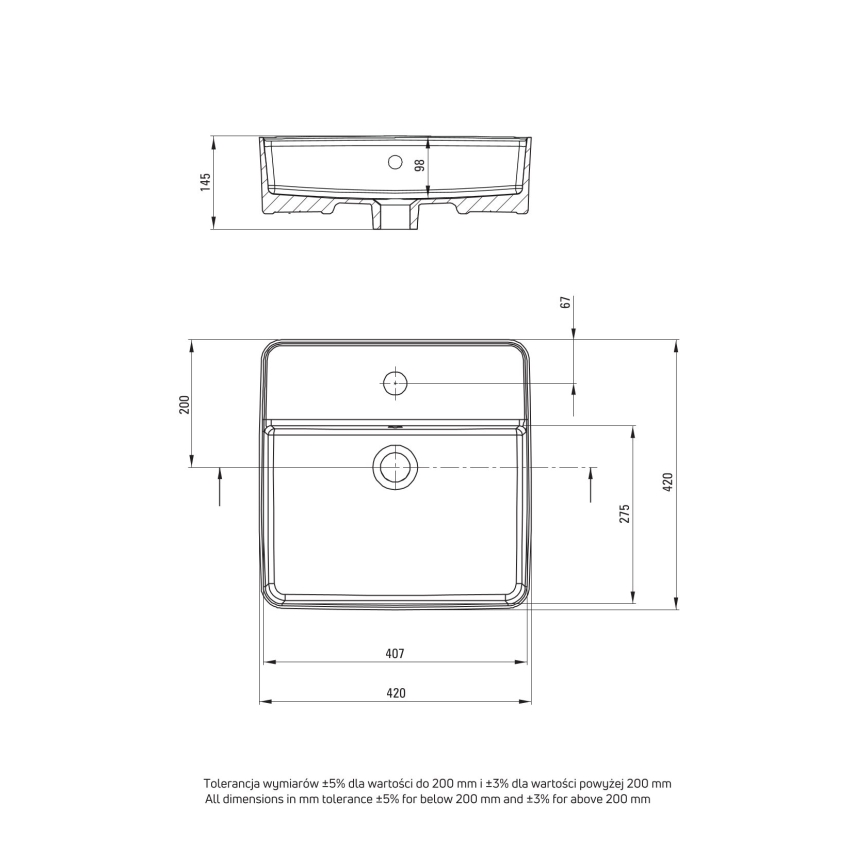 Deante CGS\_6U4B - Lavabo sobre encimera con orificio SQUARE 42x42 cm cerámica/blanco