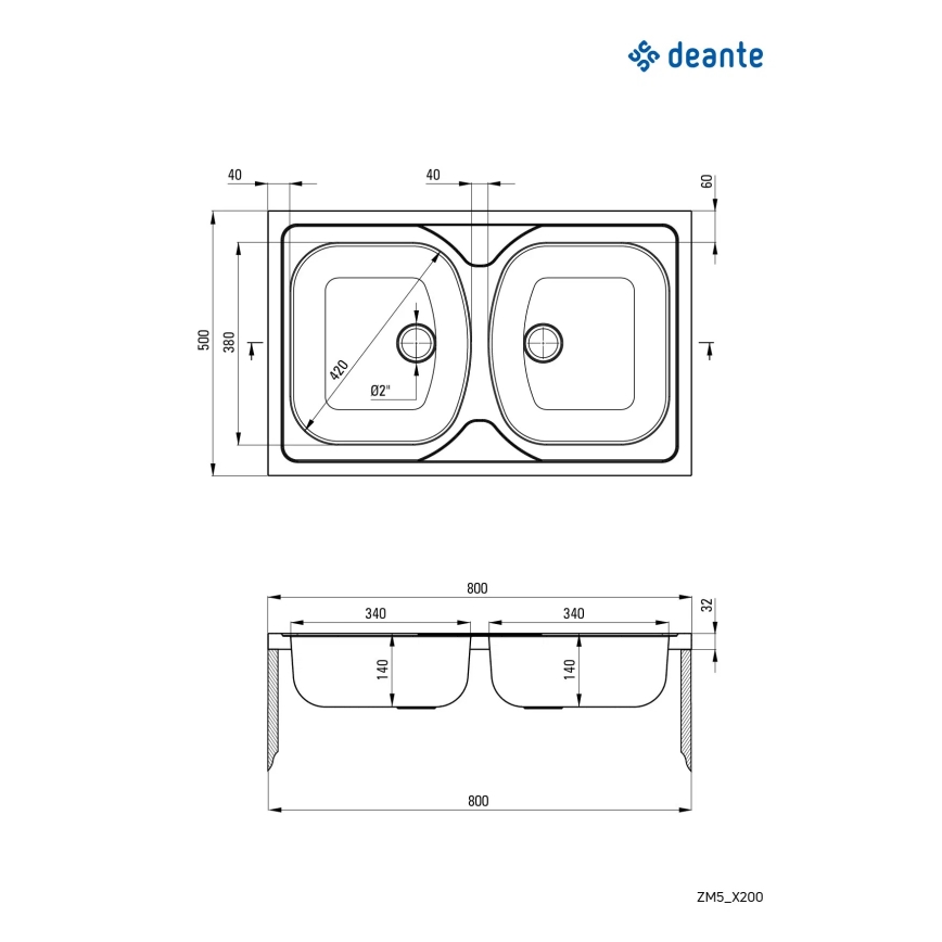 Deante ZM5_0200 - Fregadero de cocina TANGO 50x80 cm satén